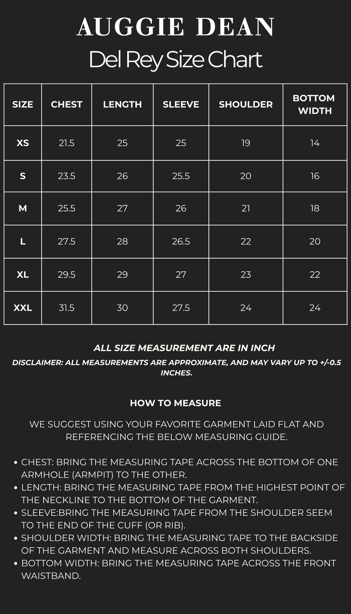 Deane Sizing Chart Del Rey Size Chart – AUGGIE DEAN